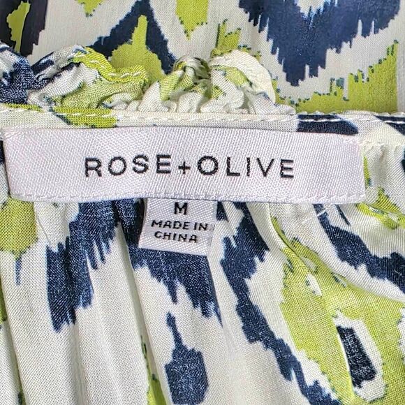 Rose + Olive Ikat Print Tassel Blouse Rayon M - Picture 5 of 8